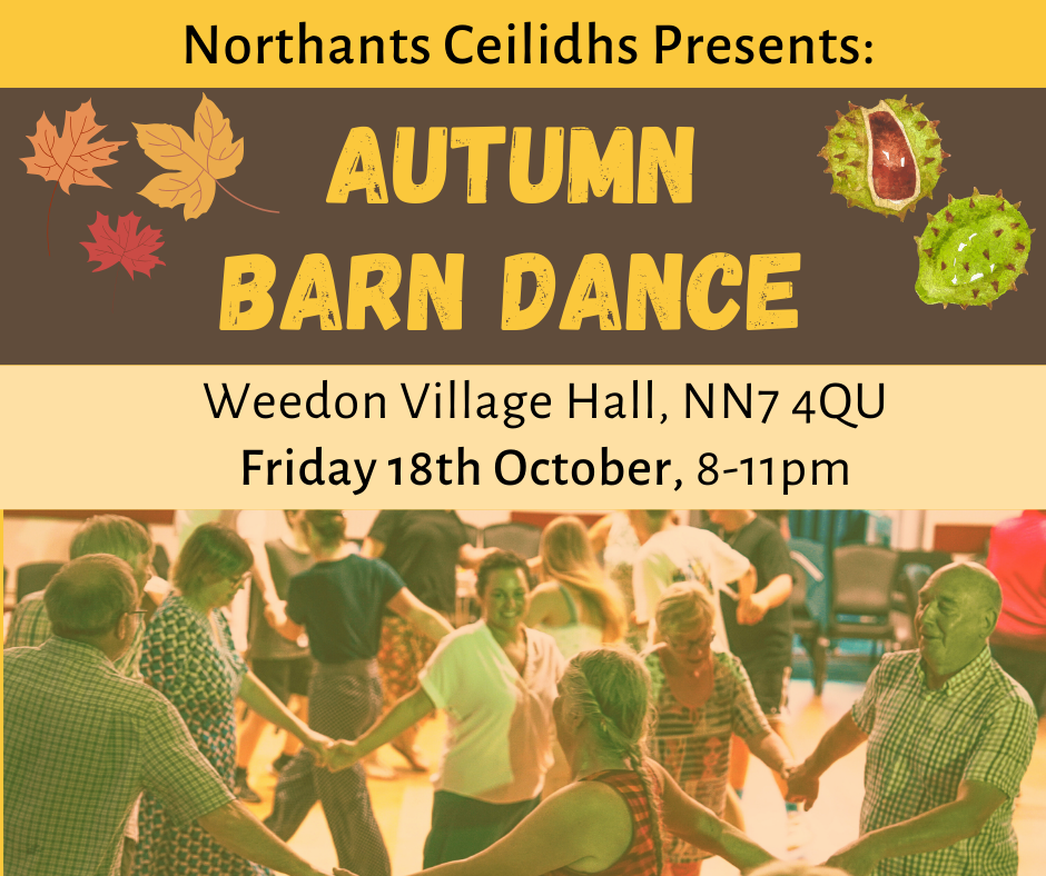 E-flyer with event details as in page text. Graphics of autumn leaves and conkers in their spiky green shells surround the title, and a photo of people holding hands in a circle whilst dancing is below the text. 