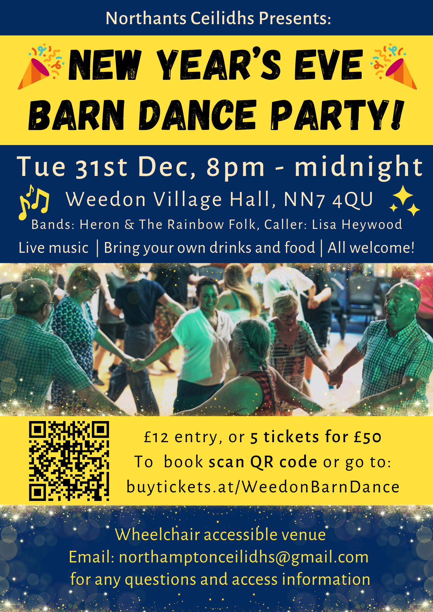 E-flyer with event details as in page text. A photo of people holding hands and dancing in a circle is below the text, and there are sparkles and party popper graphics