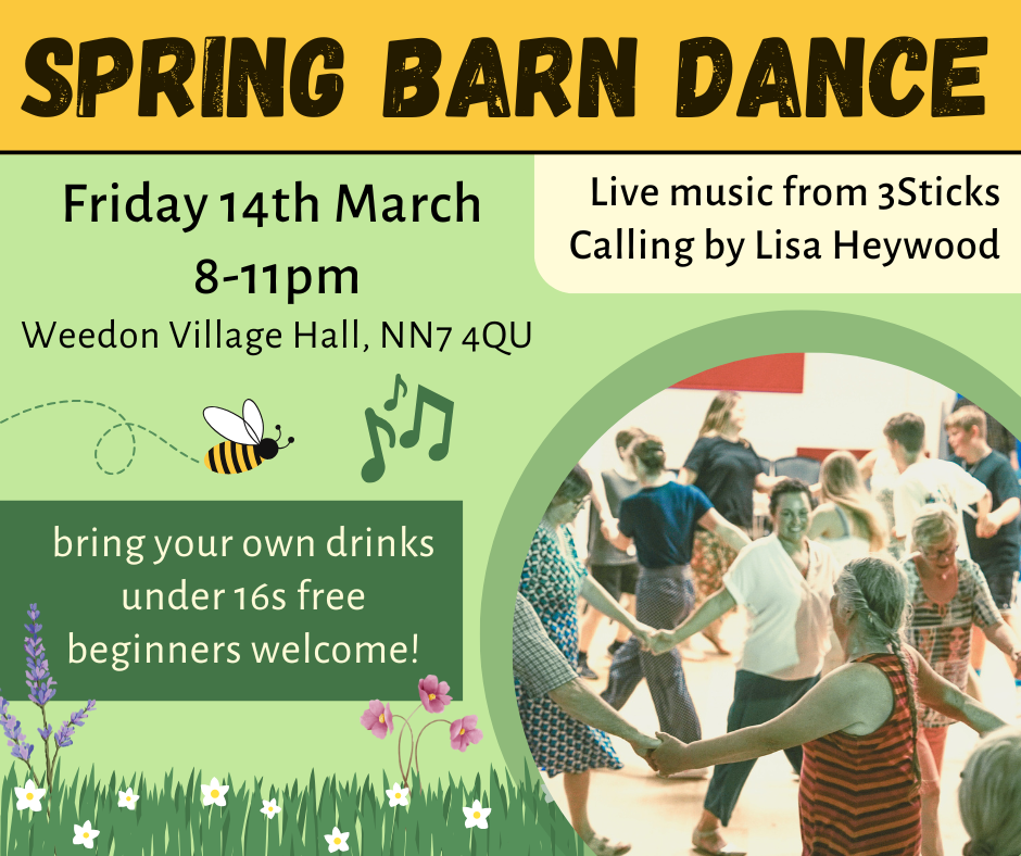 E-flyer with event details as in page text. A photo of people holding hands and dancing in a circle and spring flower graphics.